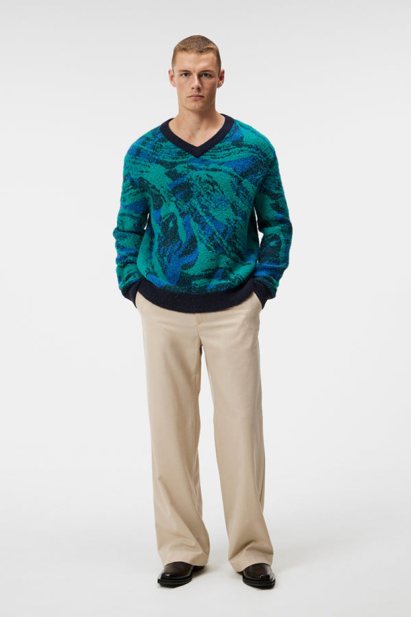 Navy Valley Jlindeberg Trestle Jacquard V-neck Sweater | SN-JL574902