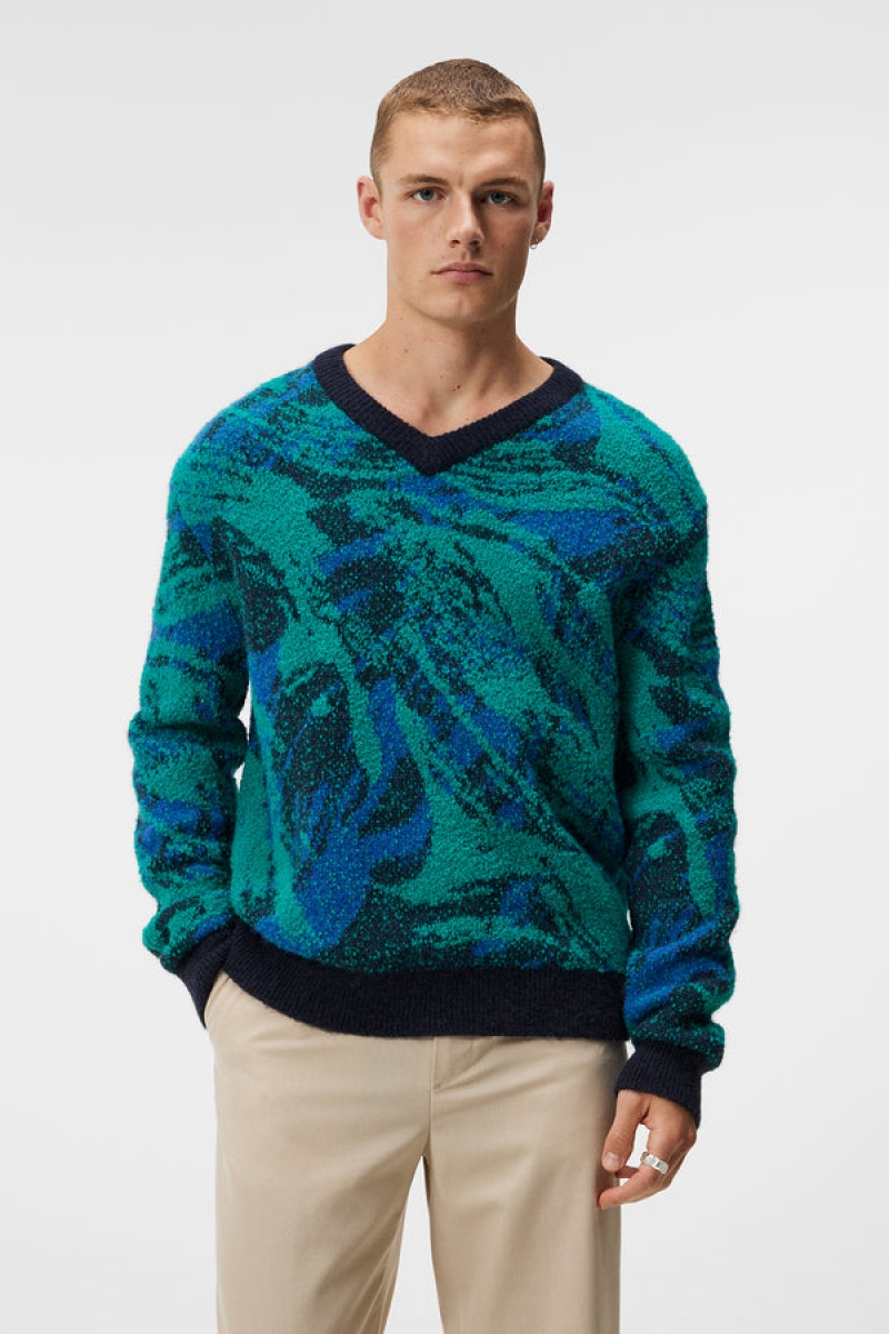 Navy Valley Jlindeberg Trestle Jacquard V-neck Sweater | SN-JL574902